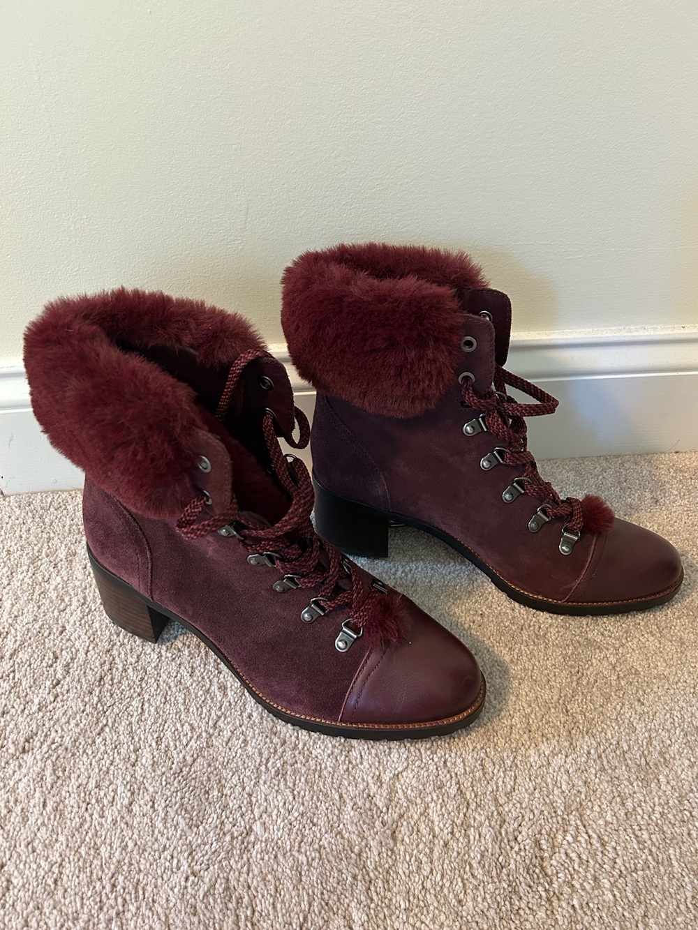 Sam Edelman Manchester Faux Fur Chunky Hiker Booties in a burgundy wine red new